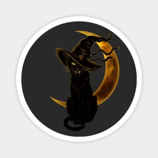 Black Cat with Witch Hat and Crescent Moon Magnet